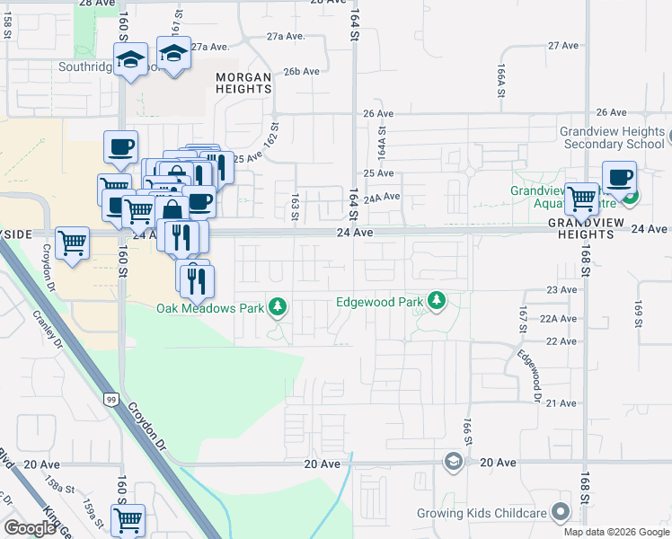 map of restaurants, bars, coffee shops, grocery stores, and more near 16358 23 A Avenue in Surrey