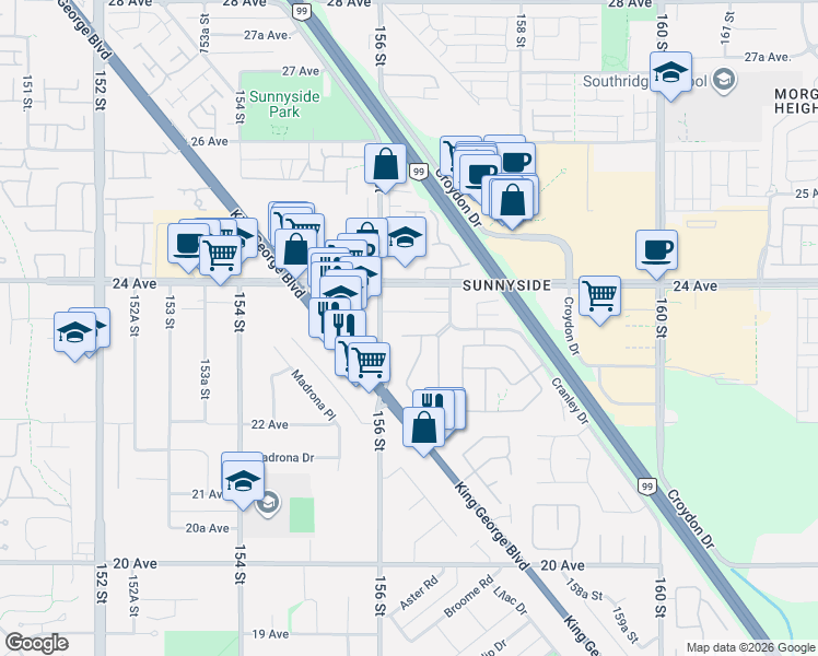 map of restaurants, bars, coffee shops, grocery stores, and more near 15636 23 A Avenue in Surrey