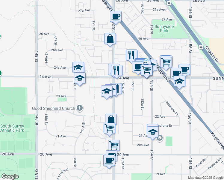 map of restaurants, bars, coffee shops, grocery stores, and more near in Surrey
