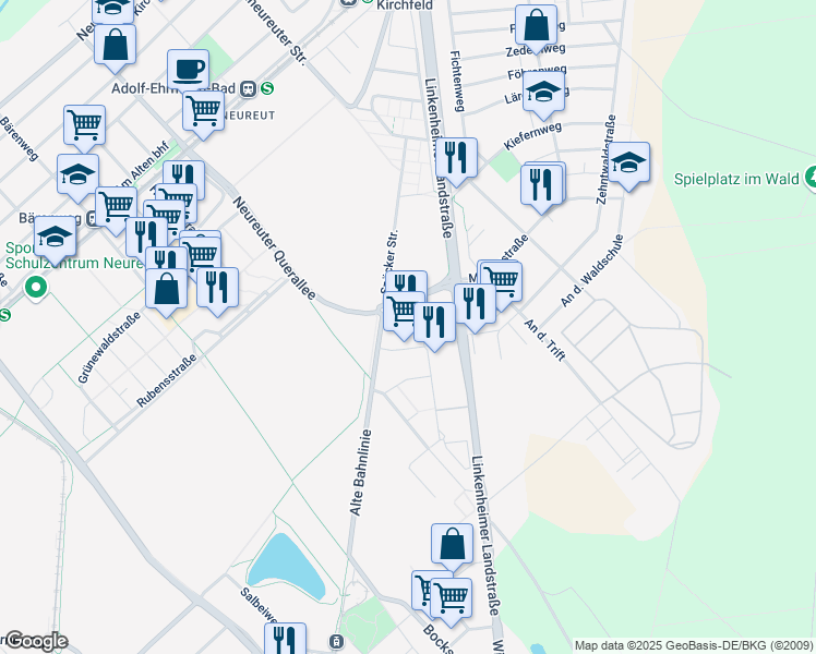 map of restaurants, bars, coffee shops, grocery stores, and more near 1 Am Sandfeld in Karlsruhe