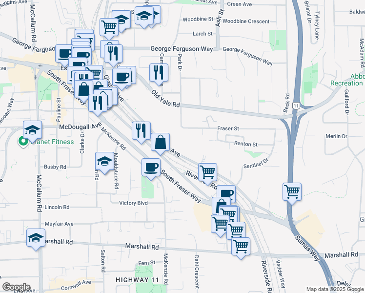 map of restaurants, bars, coffee shops, grocery stores, and more near 320 Gladys Avenue in Abbotsford