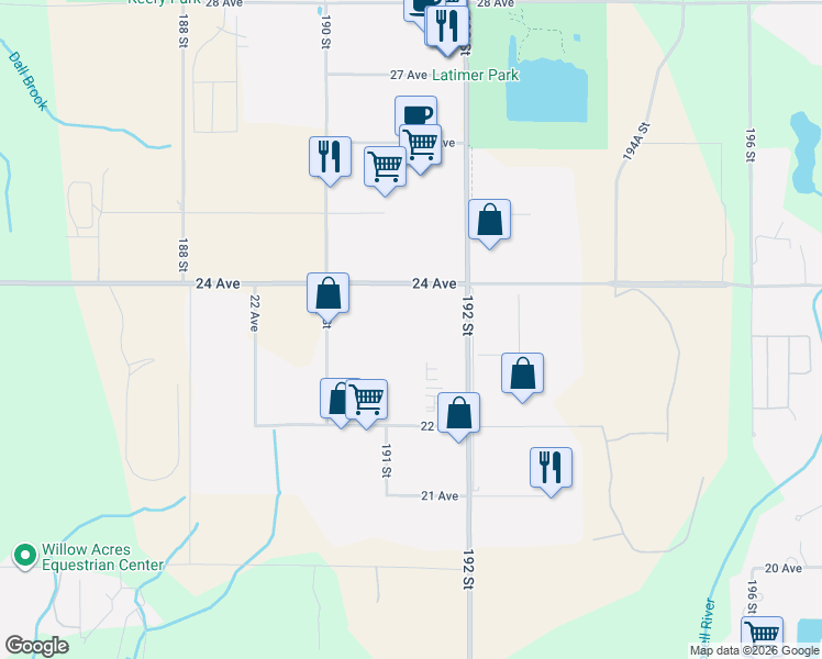 map of restaurants, bars, coffee shops, grocery stores, and more near 19130 24 Avenue in Surrey
