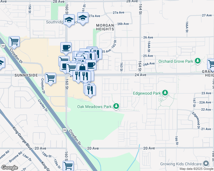 map of restaurants, bars, coffee shops, grocery stores, and more near 16223 23A Avenue in Surrey
