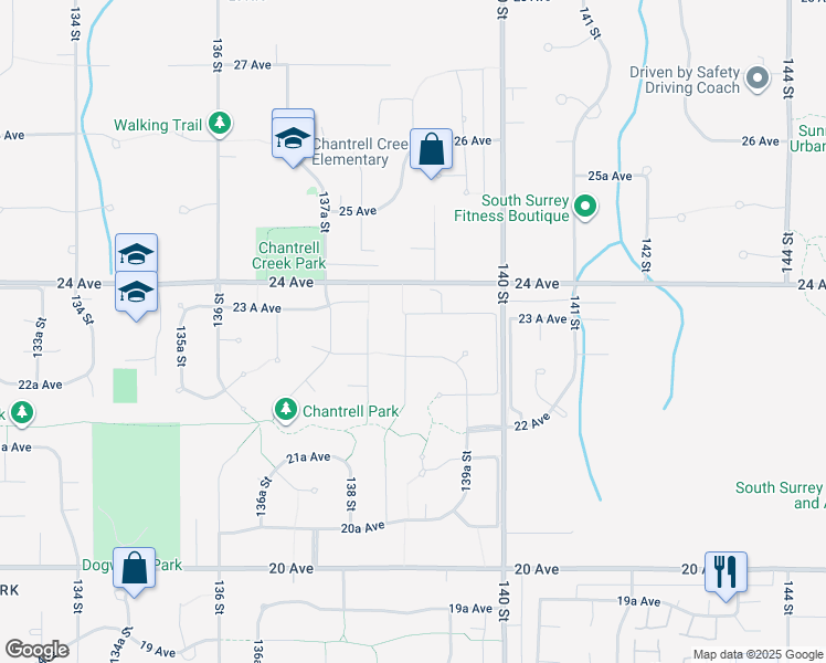 map of restaurants, bars, coffee shops, grocery stores, and more near 2338 138A Street in Surrey