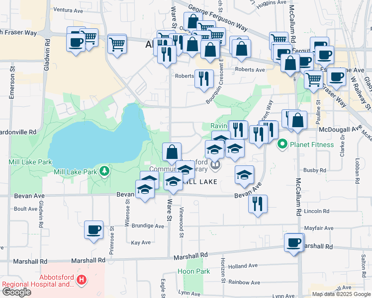 map of restaurants, bars, coffee shops, grocery stores, and more near 33251 Farrant Crescent in Abbotsford