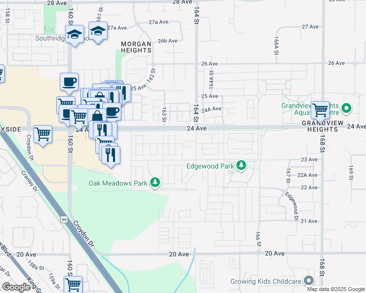 map of restaurants, bars, coffee shops, grocery stores, and more near 16358 23A Avenue in Surrey