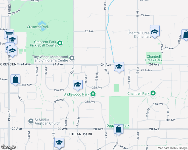 map of restaurants, bars, coffee shops, grocery stores, and more near 2333 133A Street in Surrey