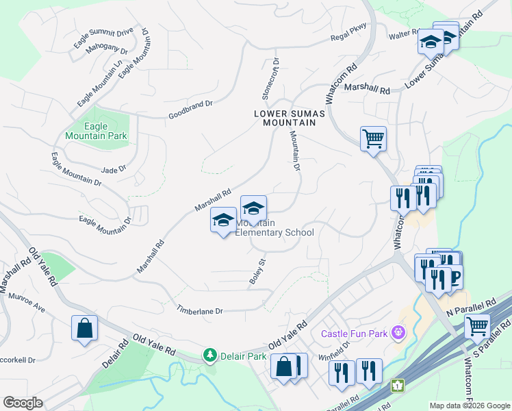 map of restaurants, bars, coffee shops, grocery stores, and more near 2308 Mountain Drive in Abbotsford