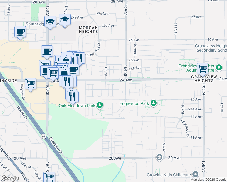 map of restaurants, bars, coffee shops, grocery stores, and more near 16336 23 A Avenue in Surrey