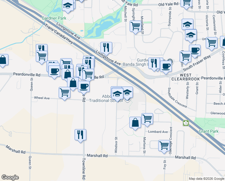 map of restaurants, bars, coffee shops, grocery stores, and more near 2345 Windsor Street in Abbotsford