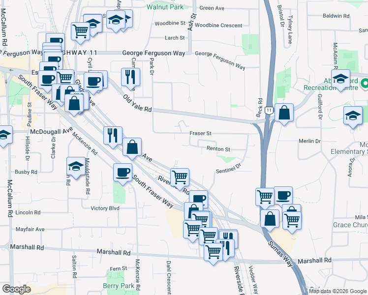 map of restaurants, bars, coffee shops, grocery stores, and more near 34150 Glenwill Avenue in Abbotsford