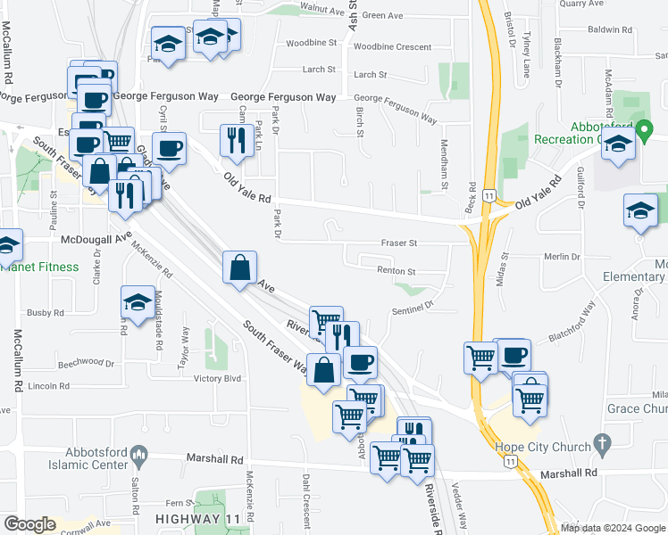map of restaurants, bars, coffee shops, grocery stores, and more near 34150 Glenwill Avenue in Abbotsford