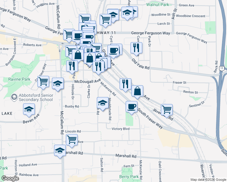 map of restaurants, bars, coffee shops, grocery stores, and more near 2321 McKenzie Road in Abbotsford