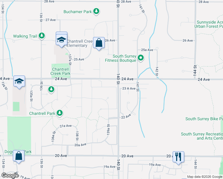 map of restaurants, bars, coffee shops, grocery stores, and more near 2307 140 Street Frontage Road in Surrey
