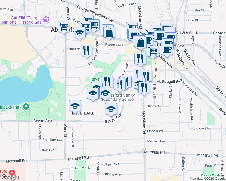 map of restaurants, bars, coffee shops, grocery stores, and more near 2360 Crescent Way in Abbotsford