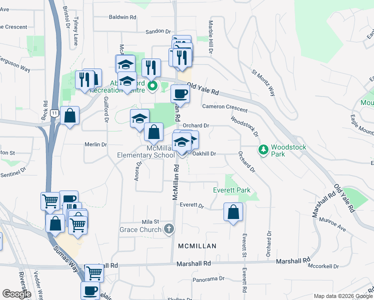 map of restaurants, bars, coffee shops, grocery stores, and more near 34837 Oakhill Drive in Abbotsford