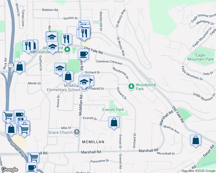 map of restaurants, bars, coffee shops, grocery stores, and more near 34947 Oakhill Drive in Abbotsford