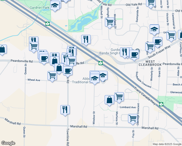 map of restaurants, bars, coffee shops, grocery stores, and more near 31324 Peardonville Road in Abbotsford
