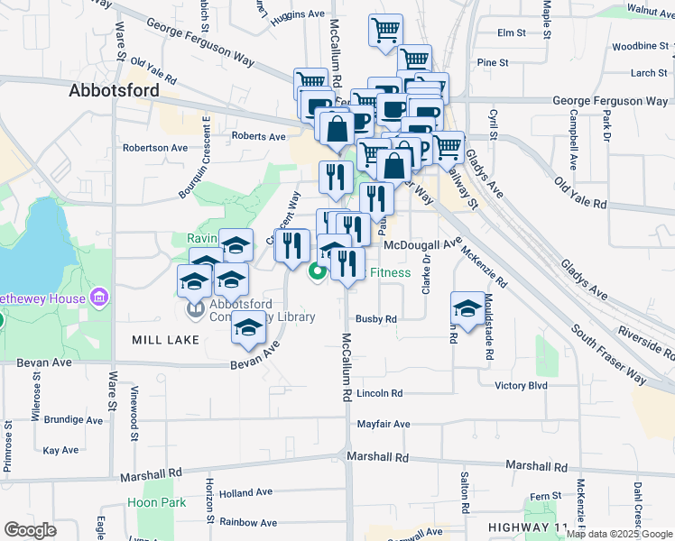 map of restaurants, bars, coffee shops, grocery stores, and more near 2388 D McCallum Road in Abbotsford