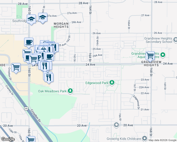 map of restaurants, bars, coffee shops, grocery stores, and more near 2359 164 Street in Surrey