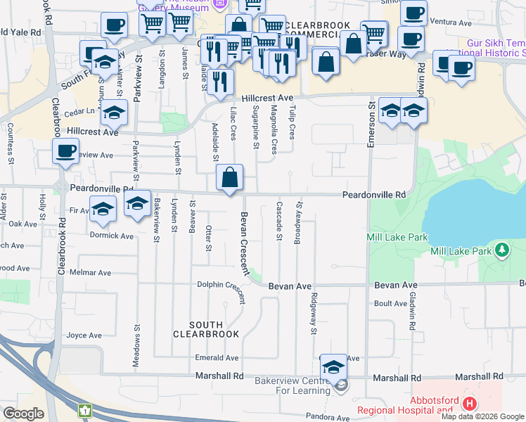 map of restaurants, bars, coffee shops, grocery stores, and more near 2368 Bedford Place in Abbotsford