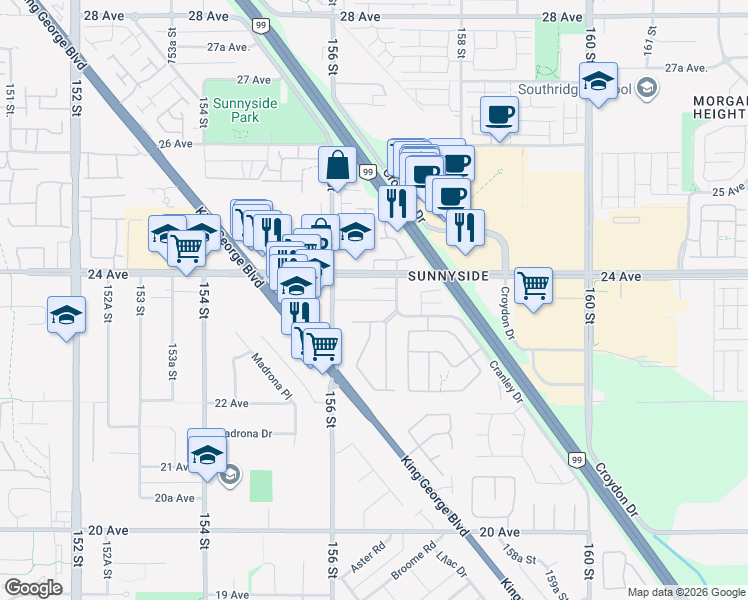 map of restaurants, bars, coffee shops, grocery stores, and more near 15630 23A Avenue in Surrey