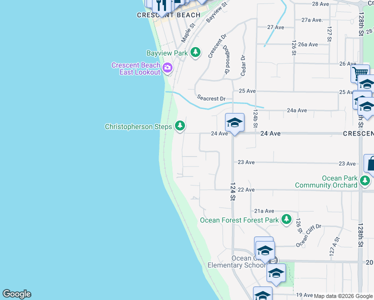 map of restaurants, bars, coffee shops, grocery stores, and more near 2383 Christopherson Road in Surrey
