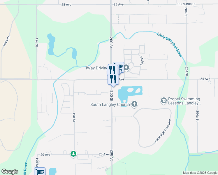 map of restaurants, bars, coffee shops, grocery stores, and more near 2355 200 Street in Langley Township