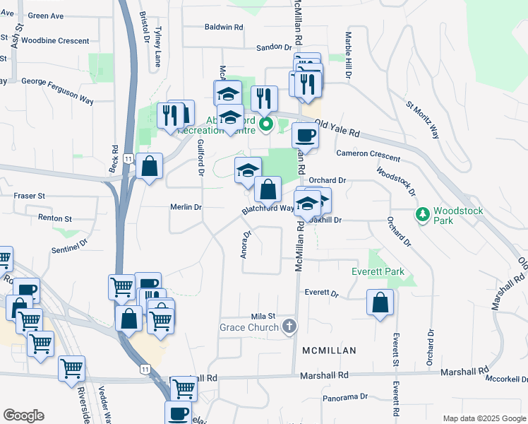 map of restaurants, bars, coffee shops, grocery stores, and more near 34716 Blatchford Way in Abbotsford