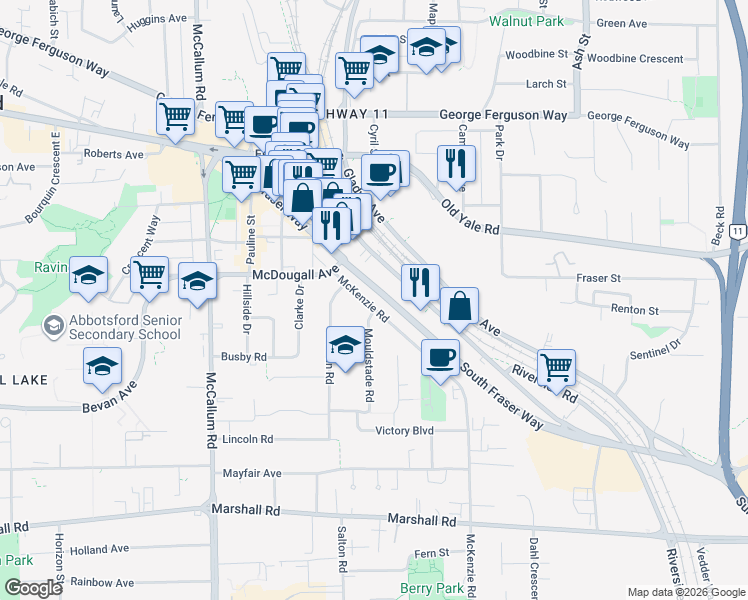 map of restaurants, bars, coffee shops, grocery stores, and more near 2403 West Railway Street in Abbotsford