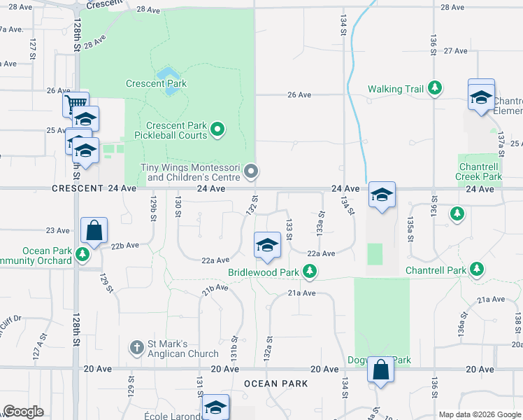 map of restaurants, bars, coffee shops, grocery stores, and more near 13212 24 Avenue in Surrey