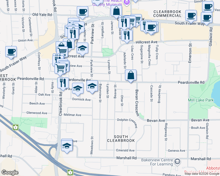 map of restaurants, bars, coffee shops, grocery stores, and more near 2370 Lynden Street in Abbotsford