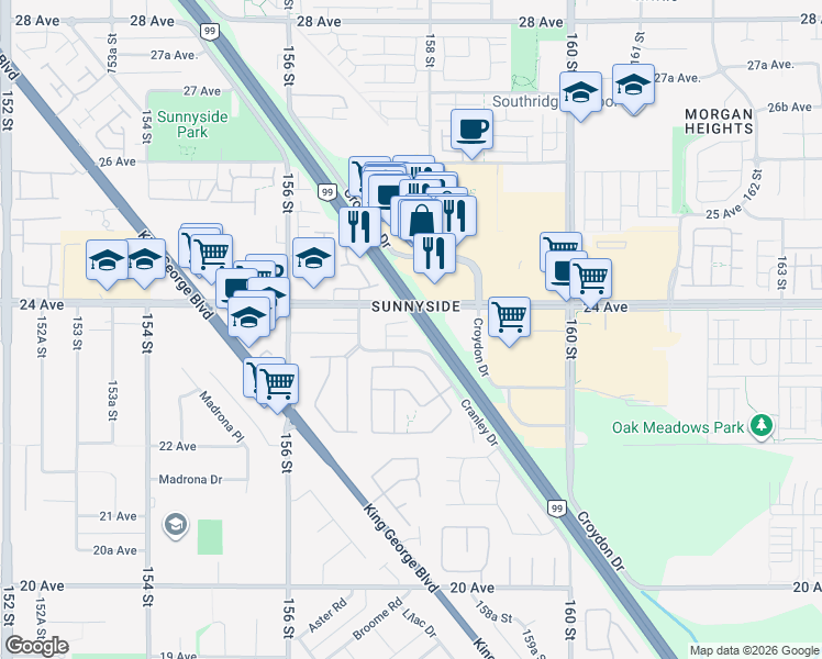 map of restaurants, bars, coffee shops, grocery stores, and more near 15786 23B Avenue in Surrey