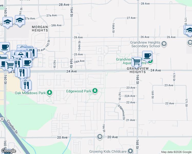 map of restaurants, bars, coffee shops, grocery stores, and more near 2350 165 Street in Surrey