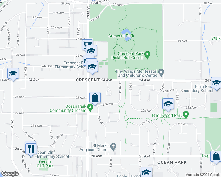 map of restaurants, bars, coffee shops, grocery stores, and more near 2362 129A Street in Surrey