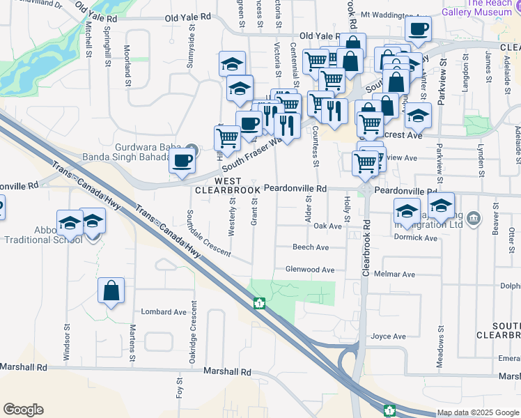 map of restaurants, bars, coffee shops, grocery stores, and more near 2354 Grant Street in Abbotsford