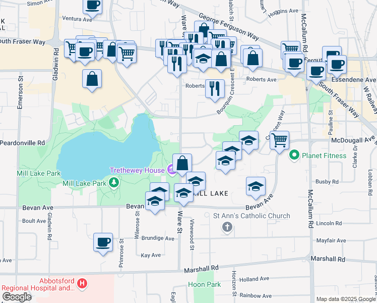 map of restaurants, bars, coffee shops, grocery stores, and more near 33226 Ravine Avenue in Abbotsford