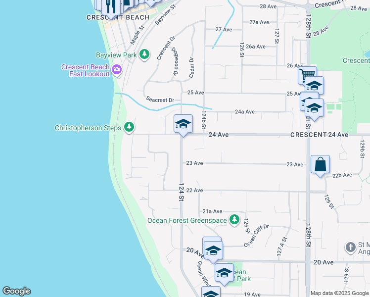 map of restaurants, bars, coffee shops, grocery stores, and more near 2346 124 Street in Surrey