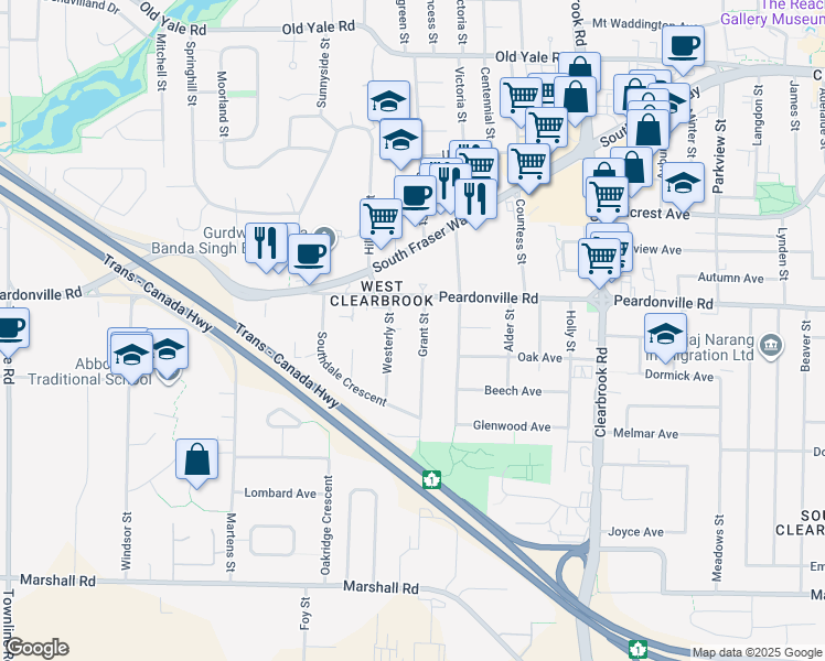 map of restaurants, bars, coffee shops, grocery stores, and more near 2355 Grant Street in Abbotsford