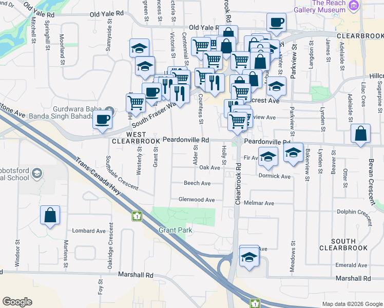 map of restaurants, bars, coffee shops, grocery stores, and more near 2357 Alder Street in Abbotsford