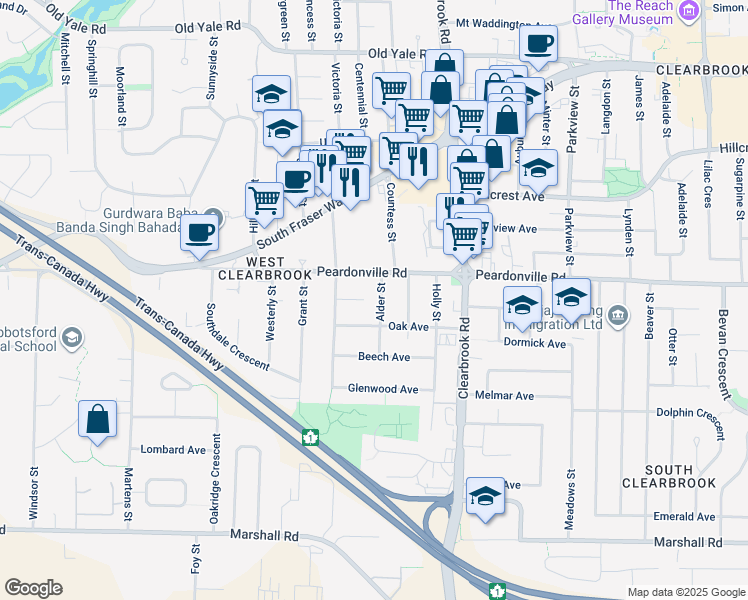 map of restaurants, bars, coffee shops, grocery stores, and more near 2357 Alder Street in Abbotsford