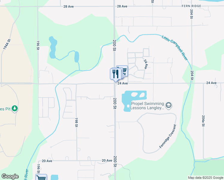 map of restaurants, bars, coffee shops, grocery stores, and more near 2361 200 Street in Langley Township