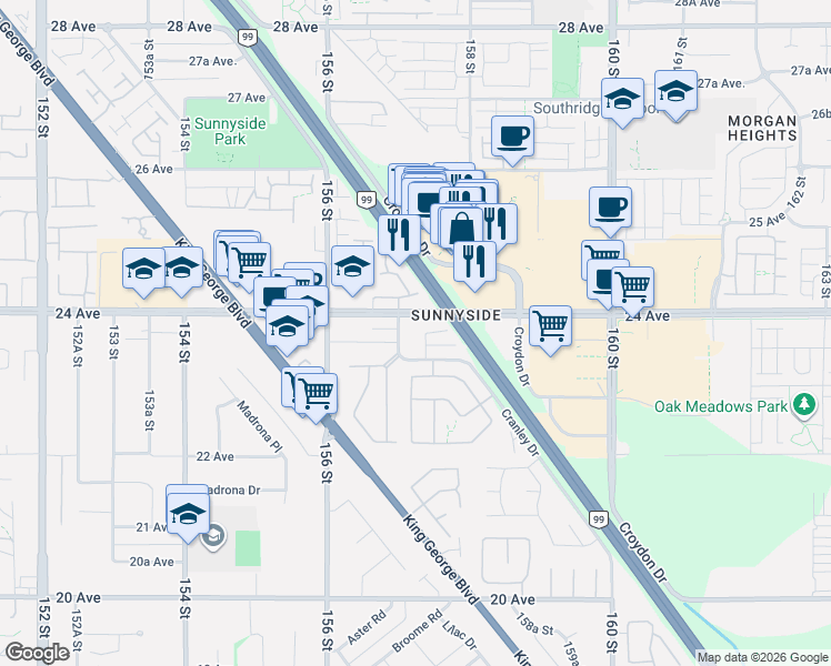 map of restaurants, bars, coffee shops, grocery stores, and more near 2363 157A Street in Surrey