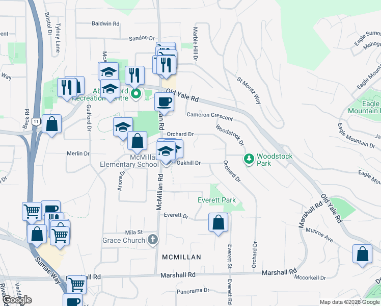 map of restaurants, bars, coffee shops, grocery stores, and more near 2389 Orchard Place in Abbotsford