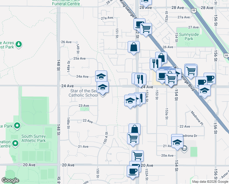 map of restaurants, bars, coffee shops, grocery stores, and more near 2382 150B Street in Surrey