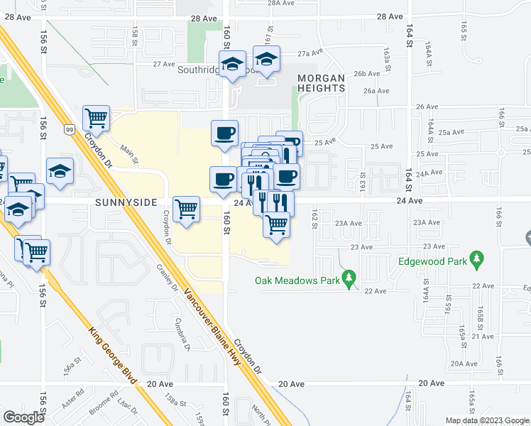 map of restaurants, bars, coffee shops, grocery stores, and more near 2501 161 Street in Surrey