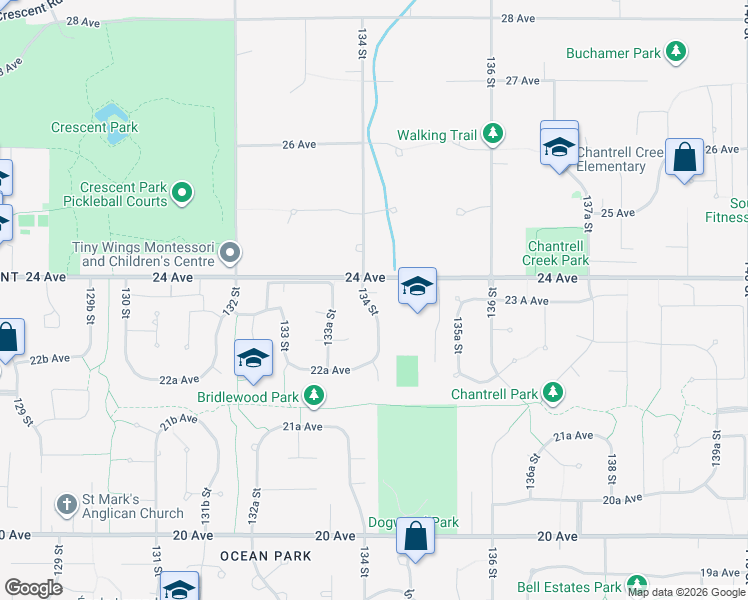 map of restaurants, bars, coffee shops, grocery stores, and more near 2376 134 Street in Surrey