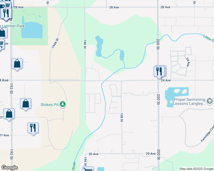 map of restaurants, bars, coffee shops, grocery stores, and more near 2315 198 Street in Langley Township