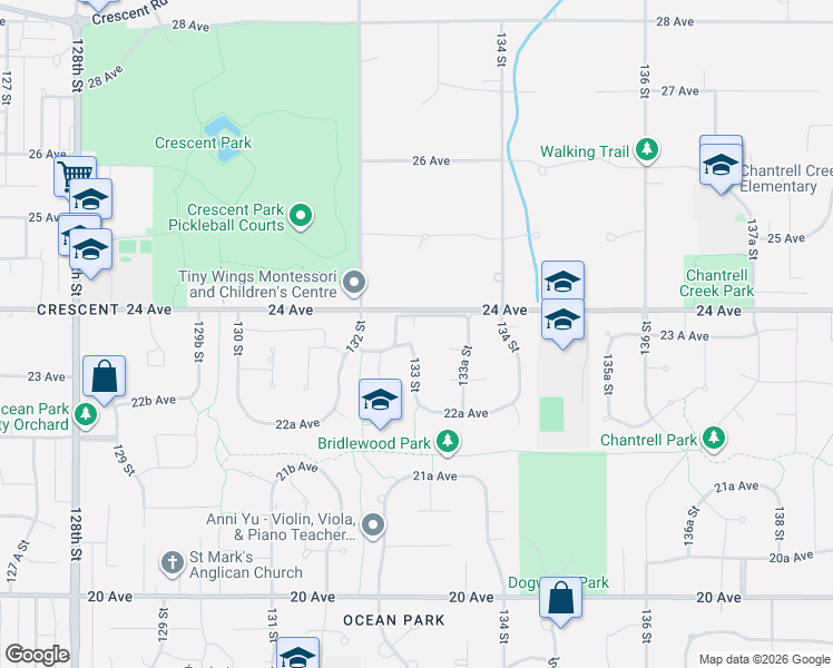 map of restaurants, bars, coffee shops, grocery stores, and more near 2368 133 Street in Surrey