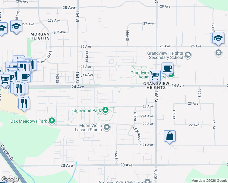 map of restaurants, bars, coffee shops, grocery stores, and more near 2350 165 Street in Surrey